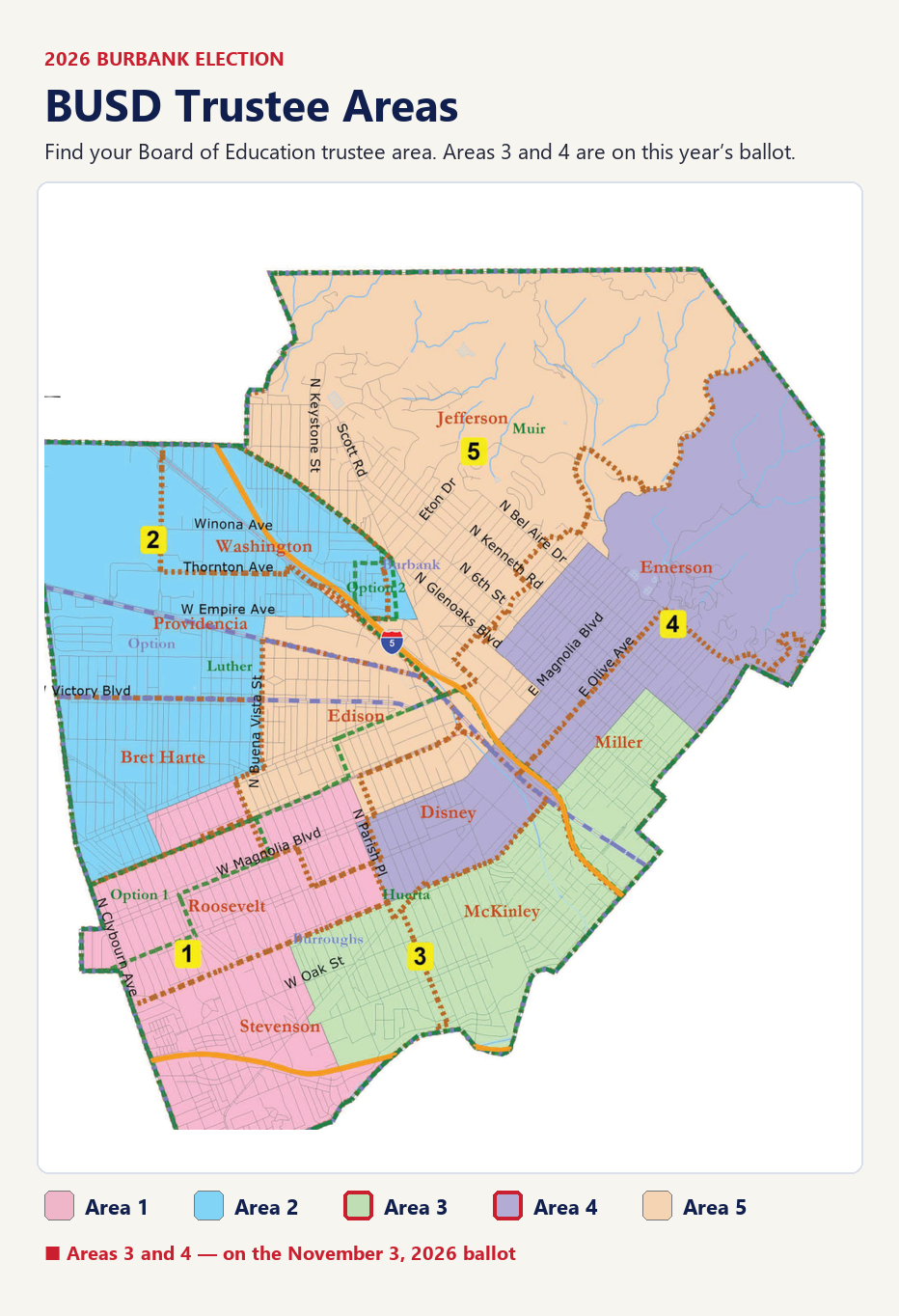 Burbank Unified School District trustee area map; Areas 3 and 4 are on the November 3, 2026 ballot