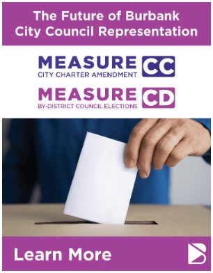 City of Burbank web ad for Measures CC and CD: the measure names, a ballot and a Learn More button