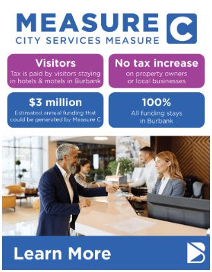City of Burbank web ad for Measure C: tiles reading Visitors, No tax increase, $3 million and 100%, with a photo of a hotel front desk
